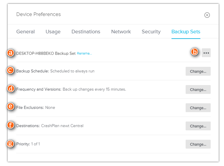 Backup set settings