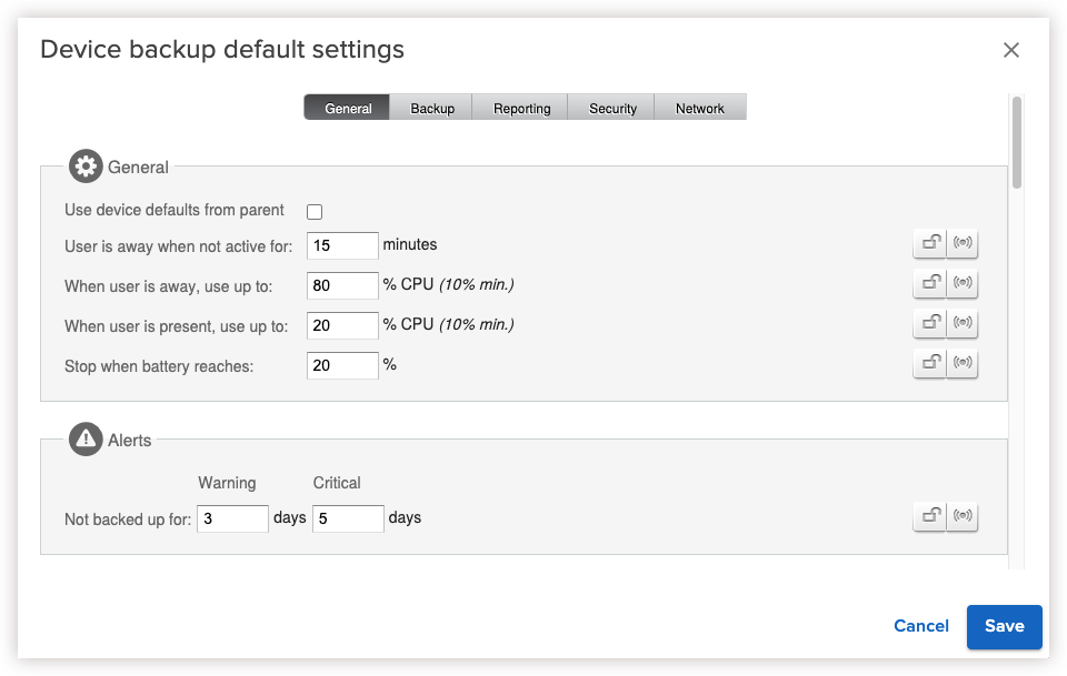 Device backup default settings