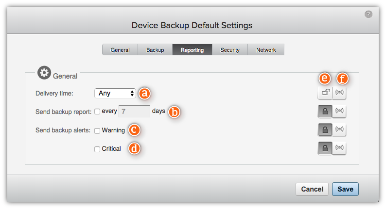 Device Backup Default Settings - Reporting tab