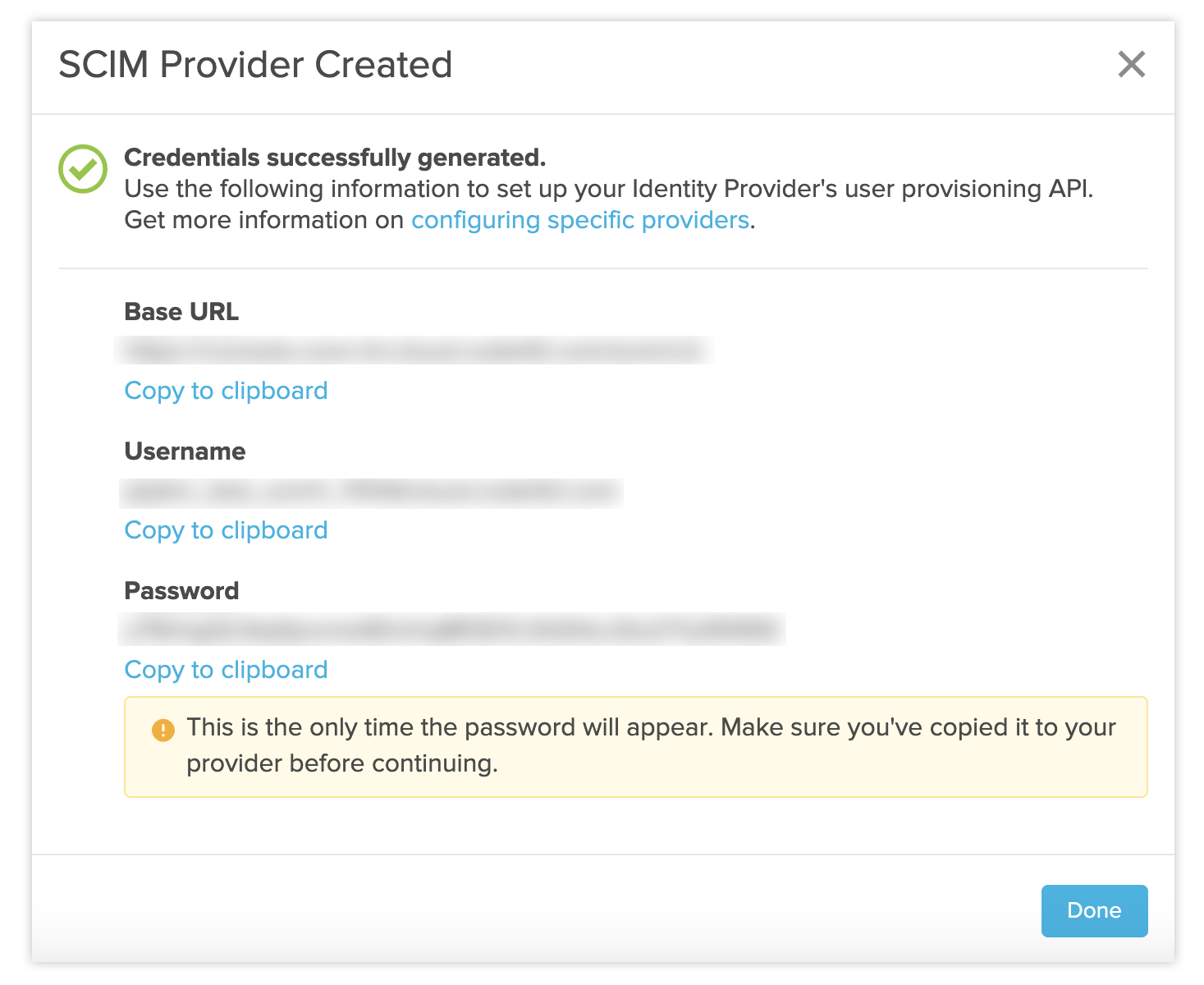 SCIM Provider Created message