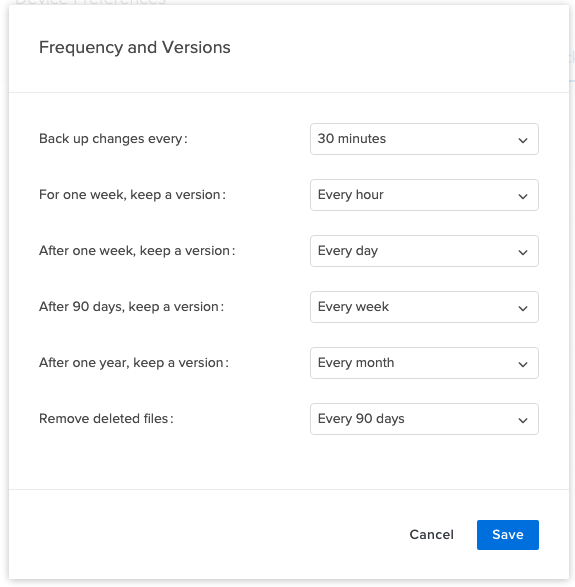 Frequency and versions settings in the Code42 app