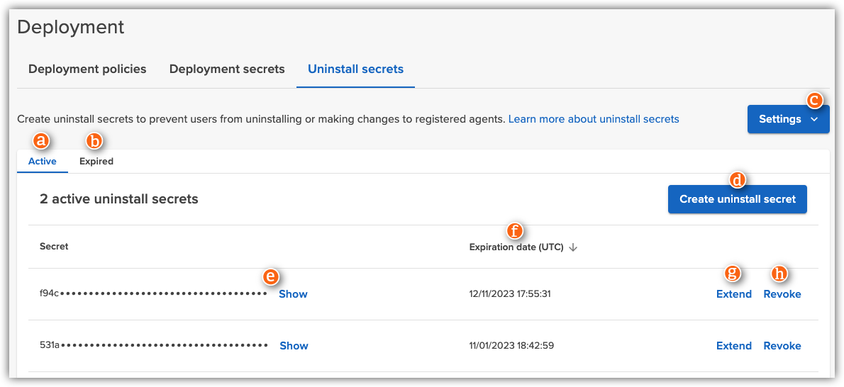 List of active uninstall secrets